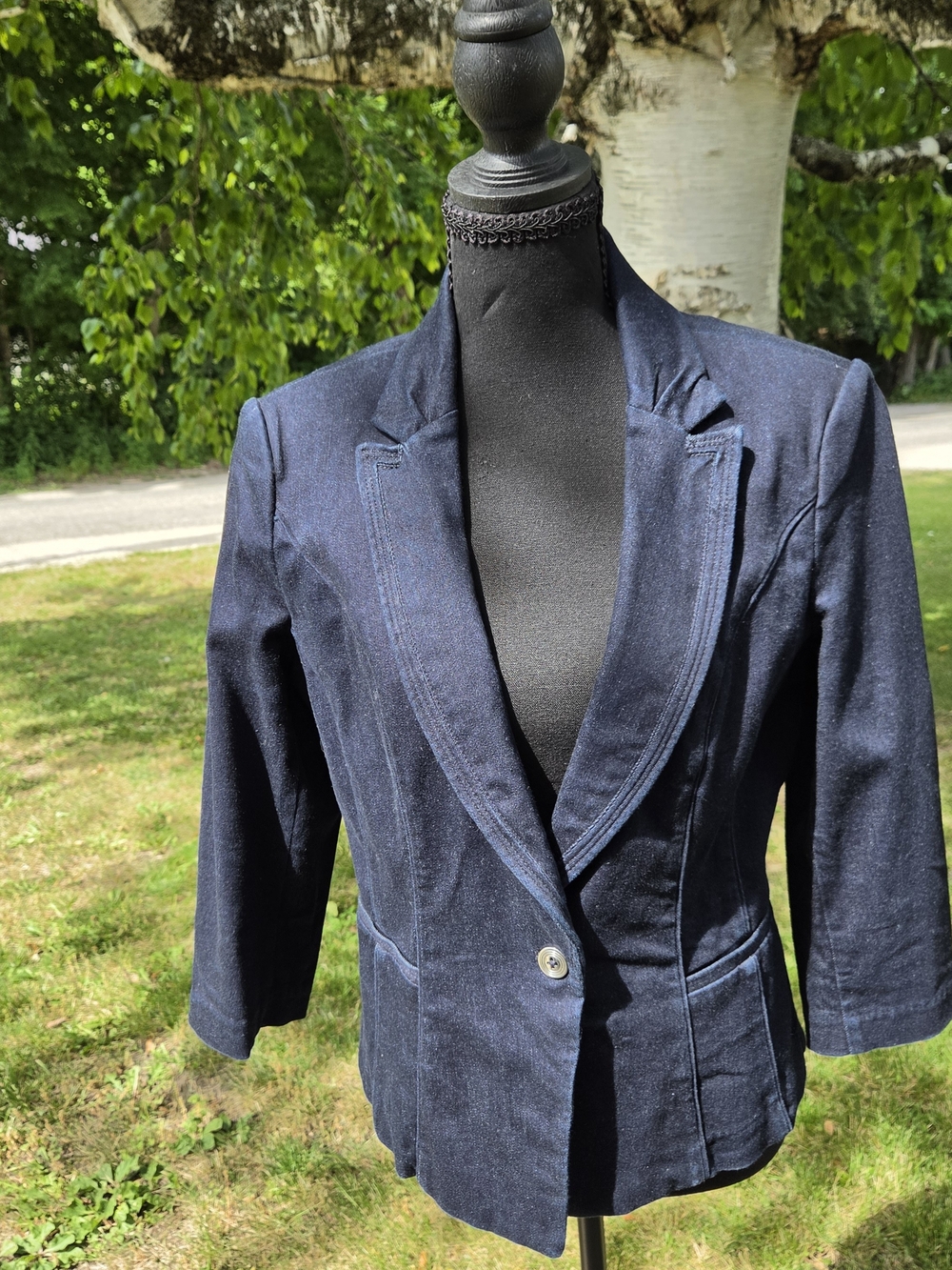 White House Black Market Denim 3/4 Sleeve Tailored Single-Button Blazer